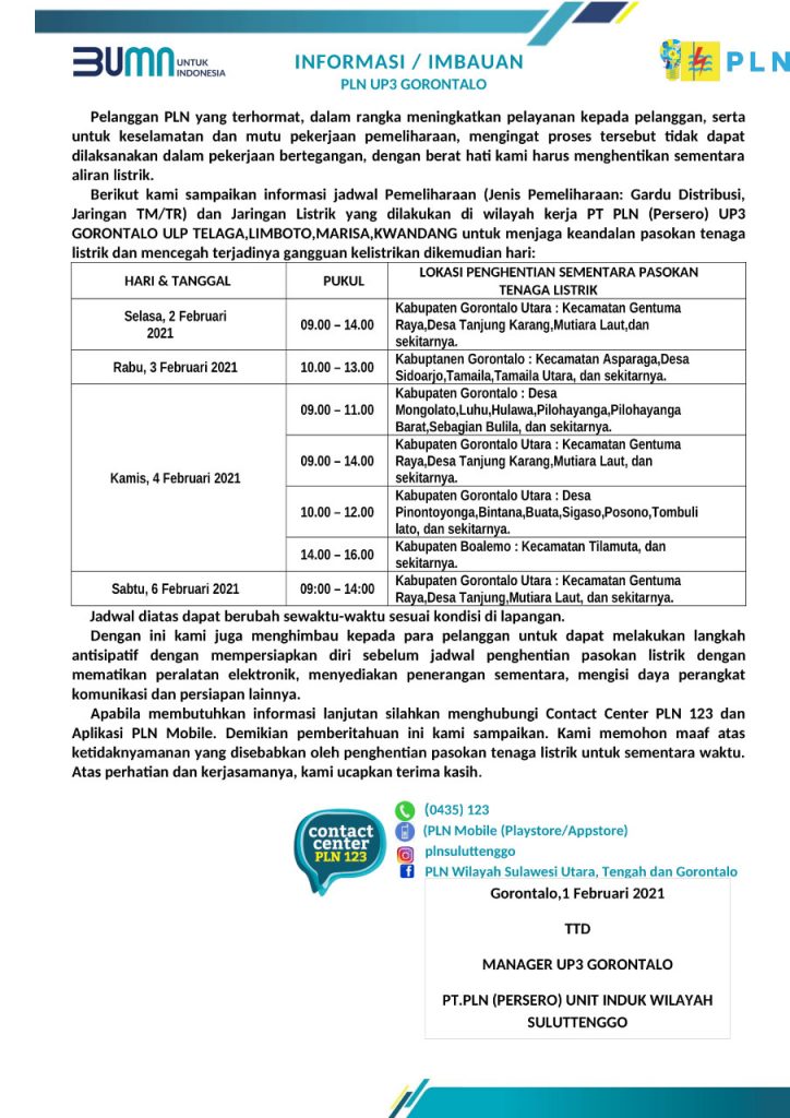 Mulai Besok, PLN Akan Menghentikan Aliran Listrik di Beberapa Wilayah Gorontalo