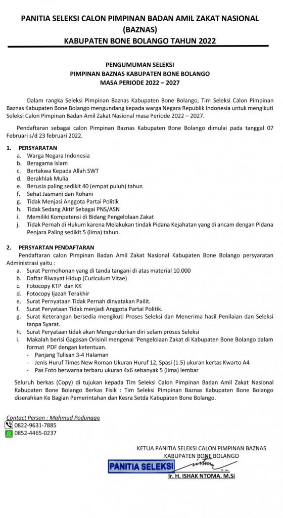 Resmi Dibuka, Ini Syarat Calon Pimpinan Baznas Bone Bolango