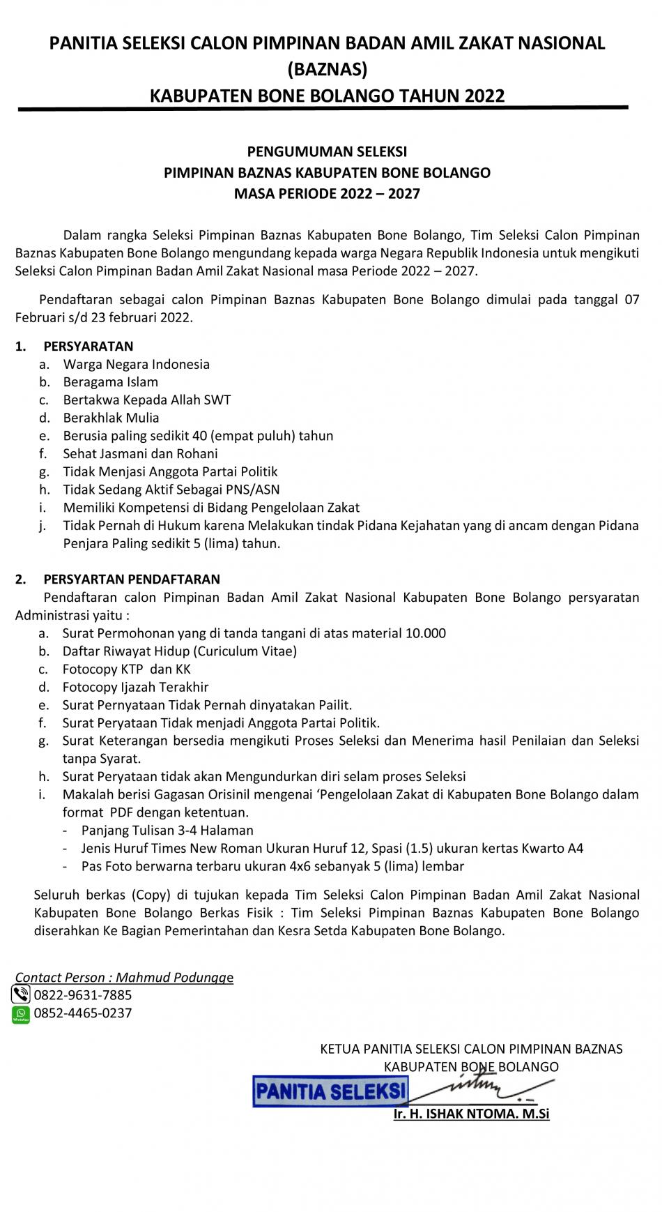 Resmi Dibuka, Ini Syarat Calon Pimpinan Baznas Bone Bolango