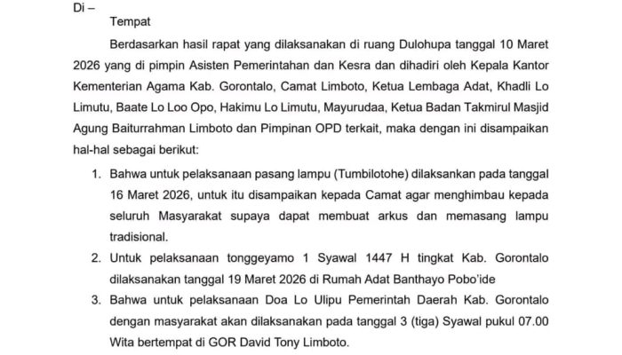 Jaga Kearifan Lokal, Pemkab Gorontalo Tetapkan Jadwal Rangkaian Agenda Tradisi Sambut Idulfitri 1447 Hijriah